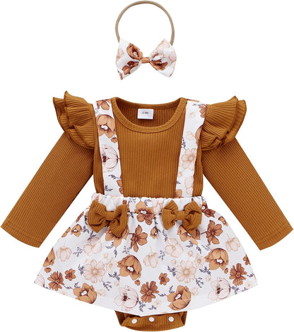 Newborn Infant Baby Girl Ruffle Long Sleeve Ribbed T-Shirt Top Floral Suspender Shorts Headband Winter Clothes